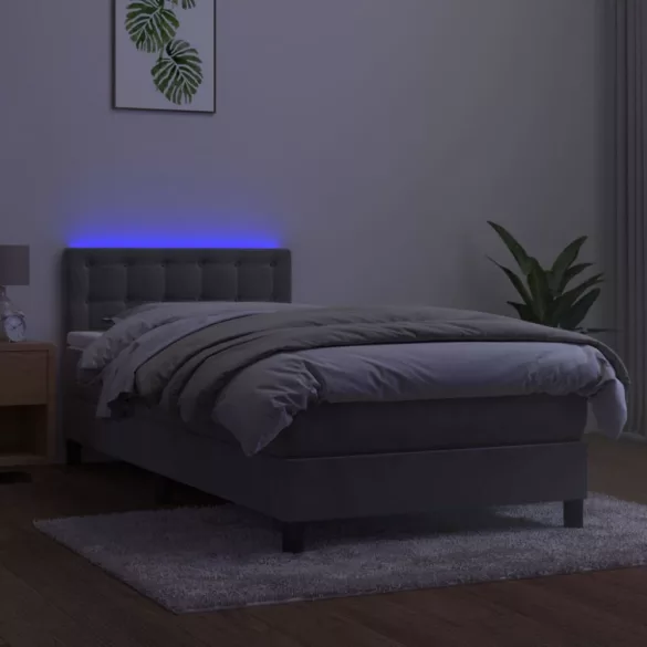 világosszürke bársony rugós és LED-es ágy matraccal 90x190 cm