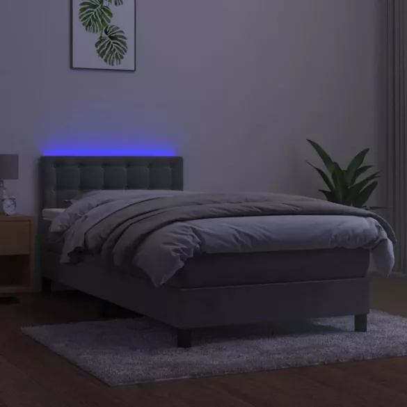 világosszürke bársony rugós és LED-es ágy matraccal 90x200 cm