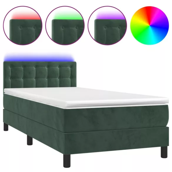 sötétzöld bársony rugós és LED-es ágy matraccal 90x200 cm