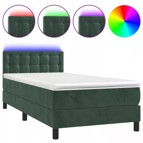 sötétzöld bársony rugós és LED-es ágy matraccal 100x200 cm