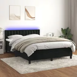 fekete bársony rugós és LED-es ágy matraccal 140x190 cm
