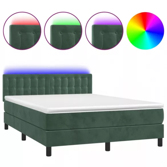 sötétzöld bársony rugós és LED-es ágy matraccal 140x190 cm