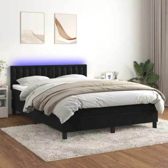 fekete bársony rugós és LED-es ágy matraccal 140x200 cm