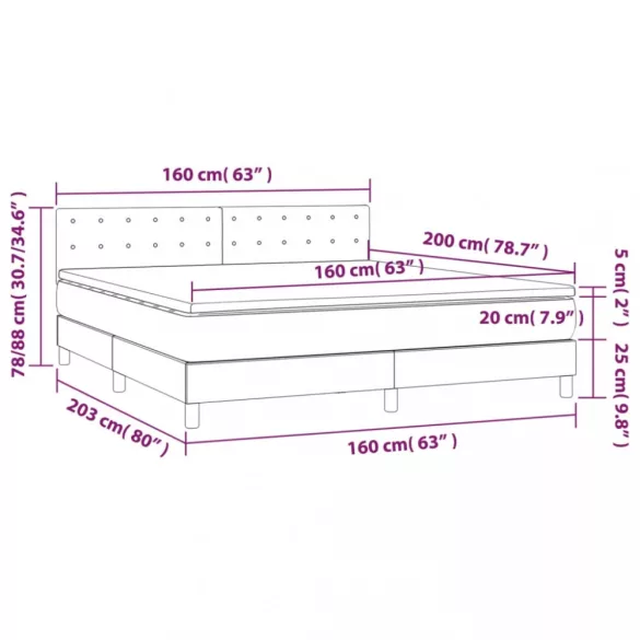 világosszürke bársony rugós és LED-es ágy matraccal 160x200 cm