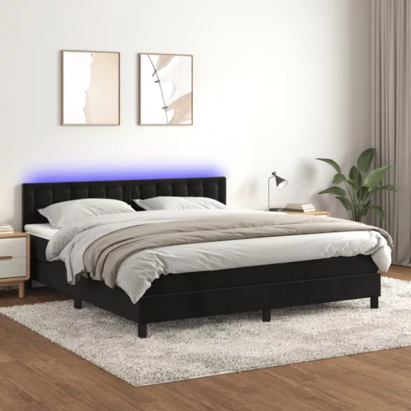 fekete bársony rugós és LED-es ágy matraccal 160x200 cm