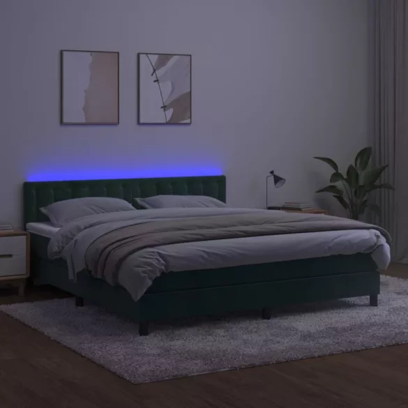 sötétzöld bársony rugós és LED-es ágy matraccal 160x200 cm
