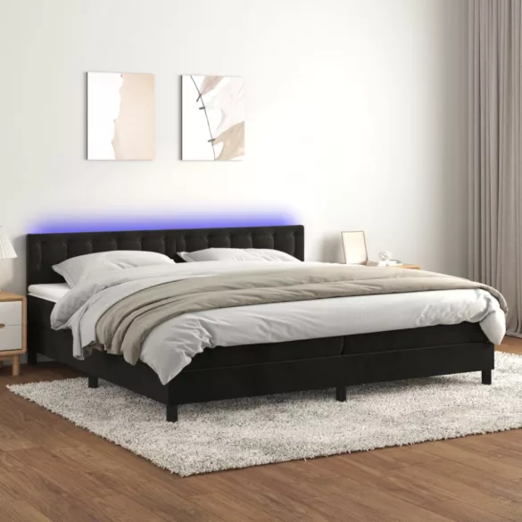fekete bársony rugós és LED-es ágy matraccal 200x200 cm