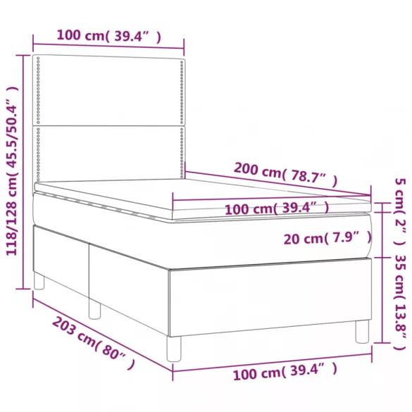 sötétszürke szövet rugós és LED-es ágy matraccal 100x200 cm
