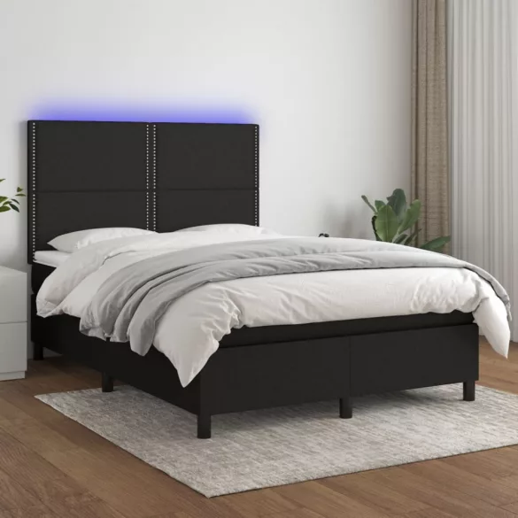 fekete szövet rugós és LED-es ágy matraccal 140x200 cm