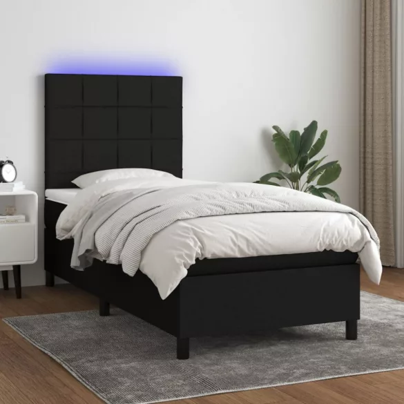 fekete szövet rugós és LED-es ágy matraccal 80 x 200 cm