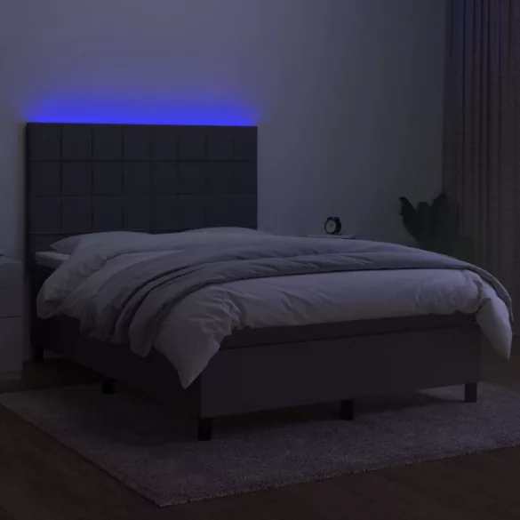 sötétszürke szövet rugós és LED-es ágy matraccal 140x200 cm