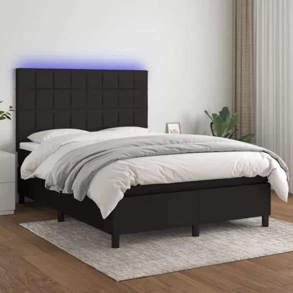 fekete szövet rugós és LED-es ágy matraccal 140x200 cm
