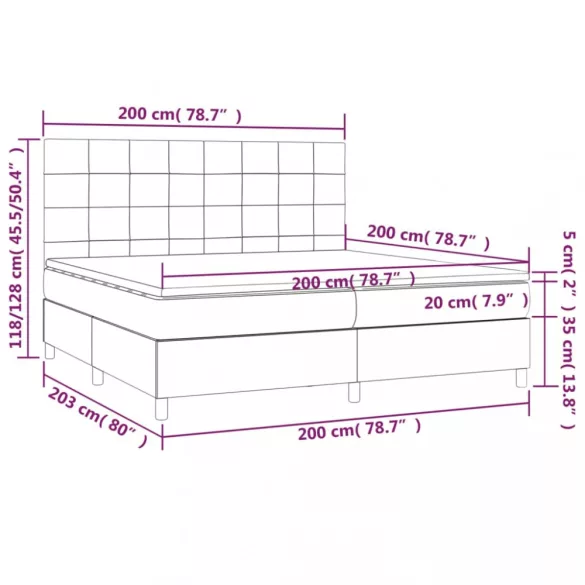 sötétszürke szövet rugós és LED-es ágy matraccal 200x200 cm
