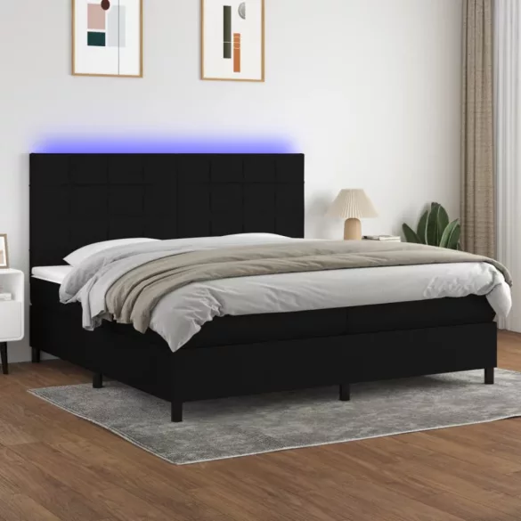fekete szövet rugós és LED-es ágy matraccal 200x200 cm