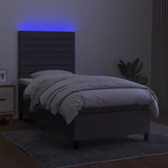 sötétszürke szövet rugós és LED-es ágy matraccal 80 x 200 cm