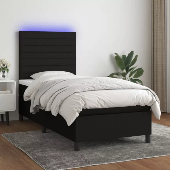 fekete szövet rugós és LED-es ágy matraccal 90x190 cm