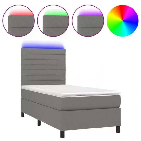 sötétszürke szövet rugós és LED-es ágy matraccal 90x200 cm