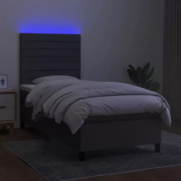 sötétszürke szövet rugós és LED-es ágy matraccal 90x200 cm