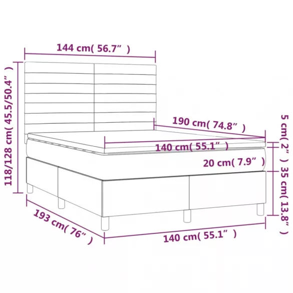 sötétszürke szövet rugós és LED-es ágy matraccal 140x190 cm