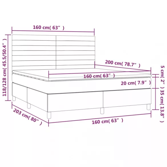 sötétszürke szövet rugós és LED-es ágy matraccal 160x200 cm