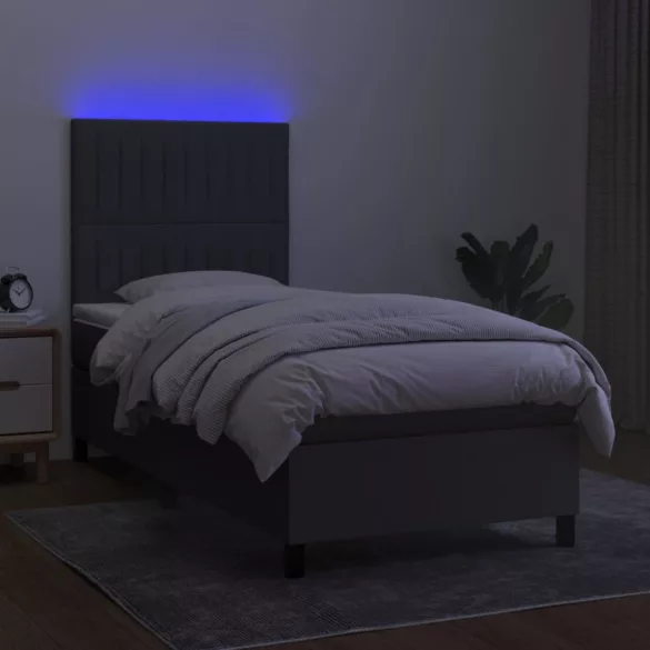 sötétszürke szövet rugós és LED-es ágy matraccal 90x190 cm