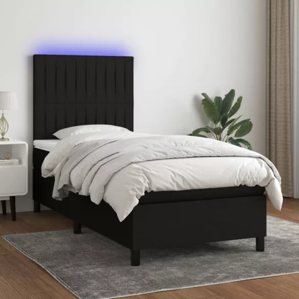 fekete szövet rugós és LED-es ágy matraccal 90x190 cm