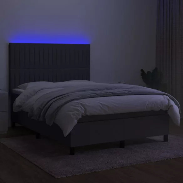 sötétszürke szövet rugós és LED-es ágy matraccal 140x200 cm