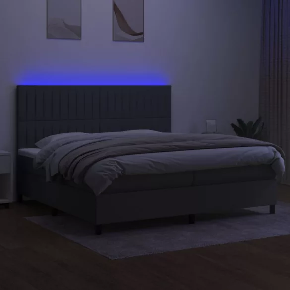 sötétszürke szövet rugós és LED-es ágy matraccal 200x200 cm