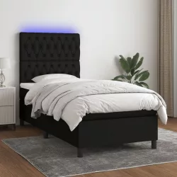 fekete szövet rugós és LED-es ágy matraccal 80 x 200 cm