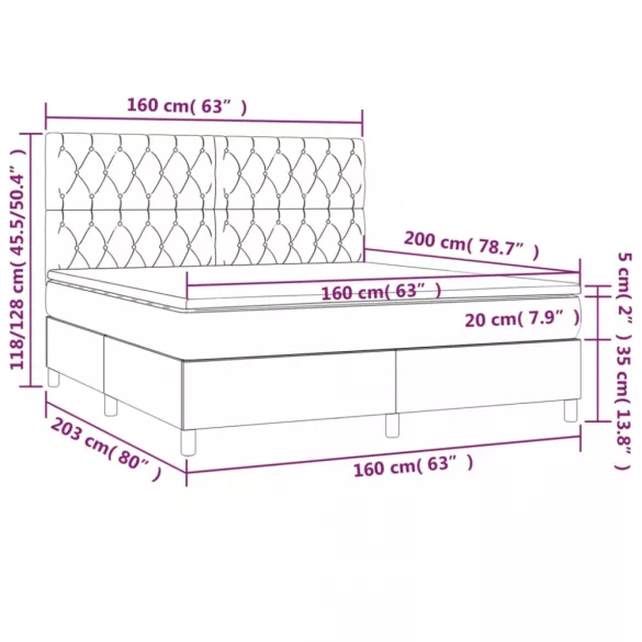 sötétszürke szövet rugós és LED-es ágy matraccal 160x200 cm