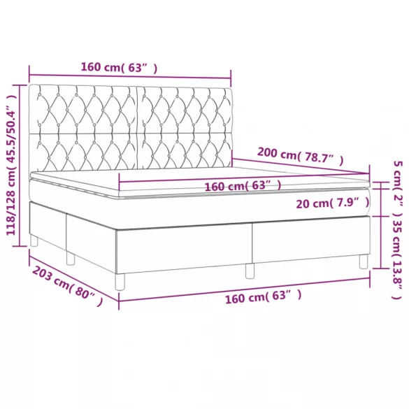 fekete szövet rugós és LED-es ágy matraccal 160x200 cm