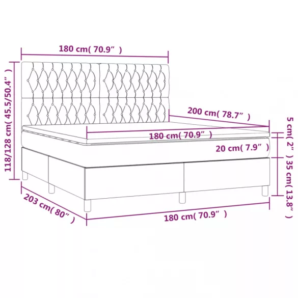 sötétszürke szövet rugós és LED-es ágy matraccal 180 x 200 cm