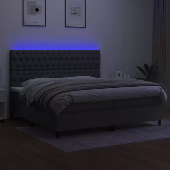 sötétszürke szövet rugós és LED-es ágy matraccal 200x200 cm