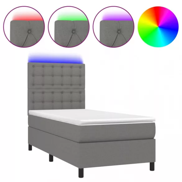 sötétszürke szövet rugós és LED-es ágy matraccal 90x190 cm