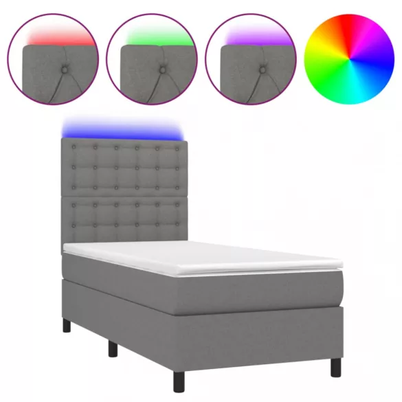 sötétszürke szövet rugós és LED-es ágy matraccal 90x200 cm
