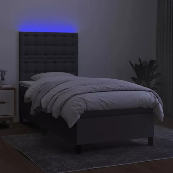sötétszürke szövet rugós és LED-es ágy matraccal 90x200 cm