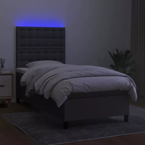 sötétszürke szövet rugós és LED-es ágy matraccal 100x200 cm