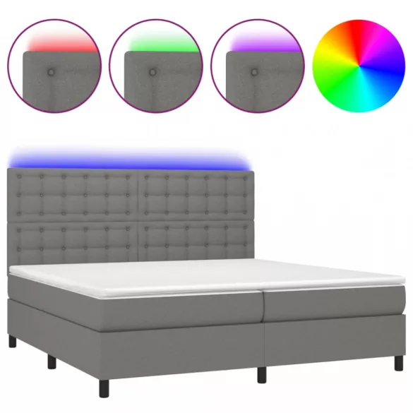 sötétszürke szövet rugós és LED-es ágy matraccal 200x200 cm