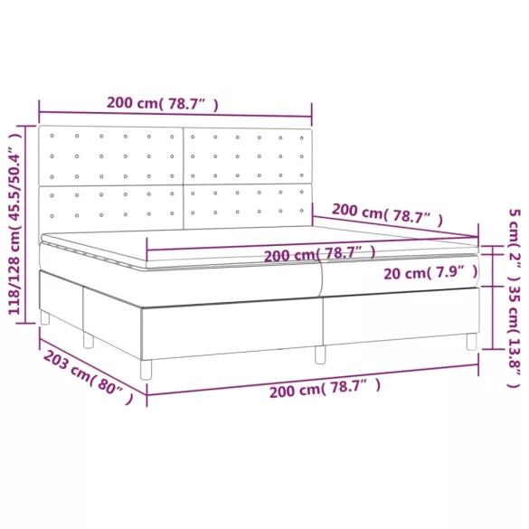 tópszínű szövet rugós és LED-es ágy matraccal 200 x 200 cm