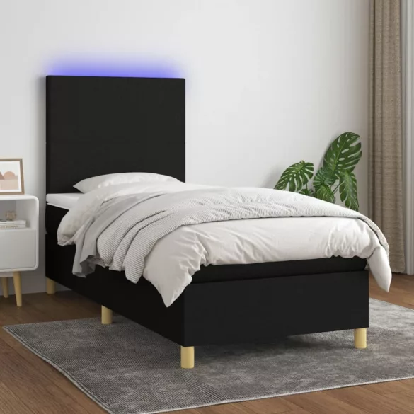 fekete szövet rugós és LED-es ágy matraccal 90x190 cm