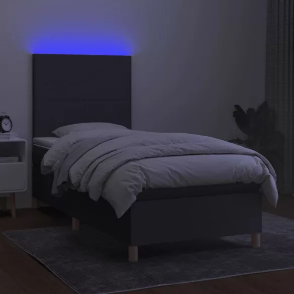 sötétszürke szövet rugós és LED-es ágy matraccal 90x200 cm