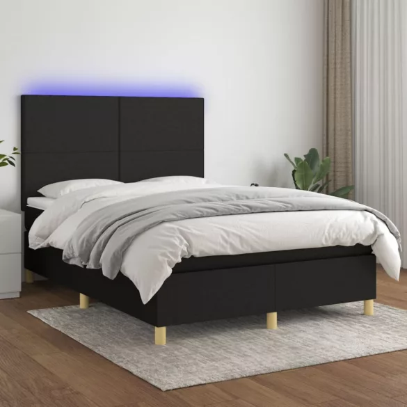 fekete szövet rugós és LED-es ágy matraccal 140x200 cm