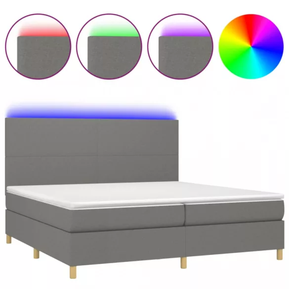 sötétszürke szövet rugós és LED-es ágy matraccal 200x200 cm
