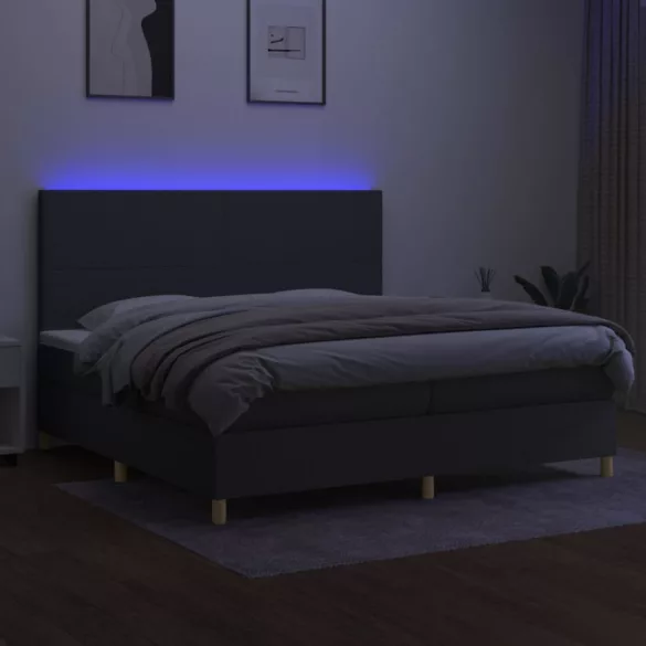 sötétszürke szövet rugós és LED-es ágy matraccal 200x200 cm
