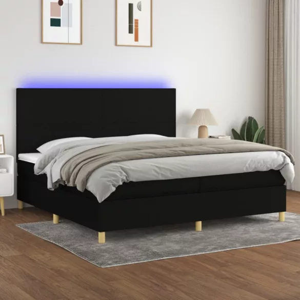 fekete szövet rugós és LED-es ágy matraccal 200x200 cm