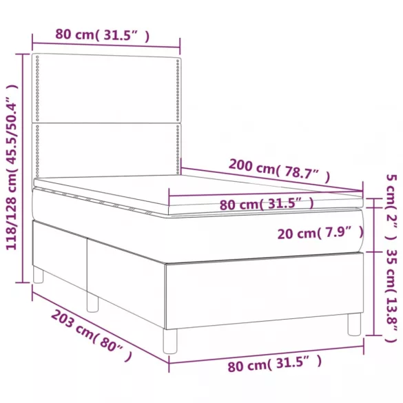 fekete szövet rugós és LED-es ágy matraccal 80 x 200 cm