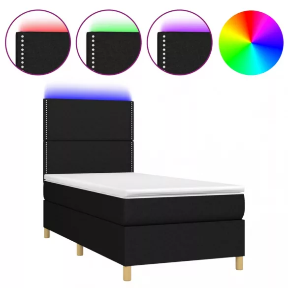 fekete szövet rugós és LED-es ágy matraccal 90x190 cm