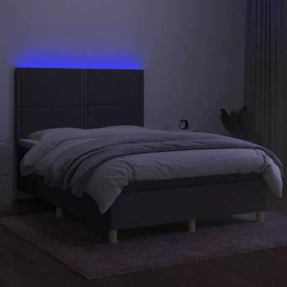 sötétszürke szövet rugós és LED-es ágy matraccal 140x190 cm