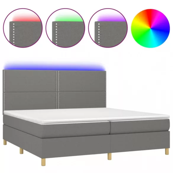 sötétszürke szövet rugós és LED-es ágy matraccal 200x200 cm