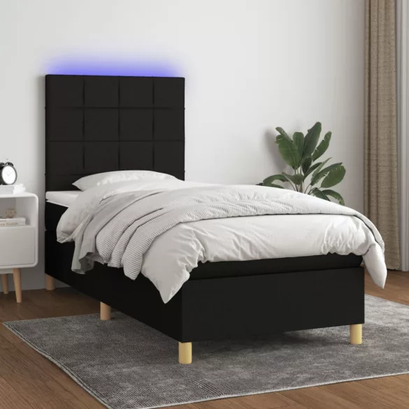 fekete szövet rugós és LED-es ágy matraccal 90x190 cm
